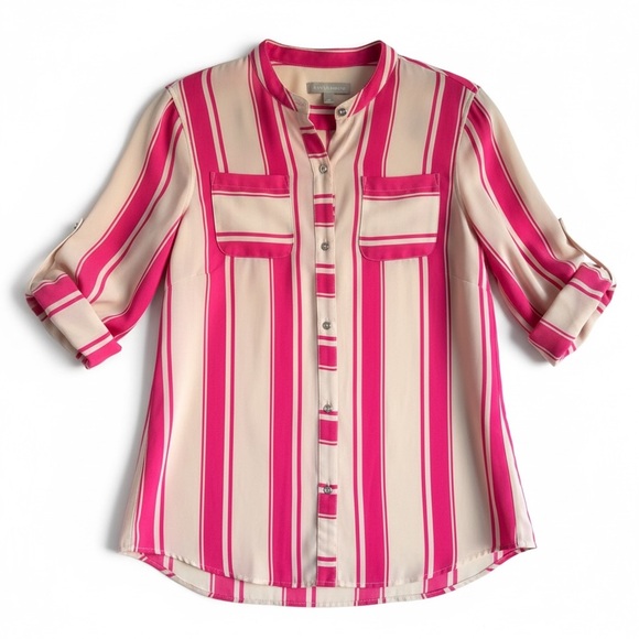 Banana Republic Tops - New Banana Republic Striped Button Front Blouse Roll Tab Sleeves Pink White S